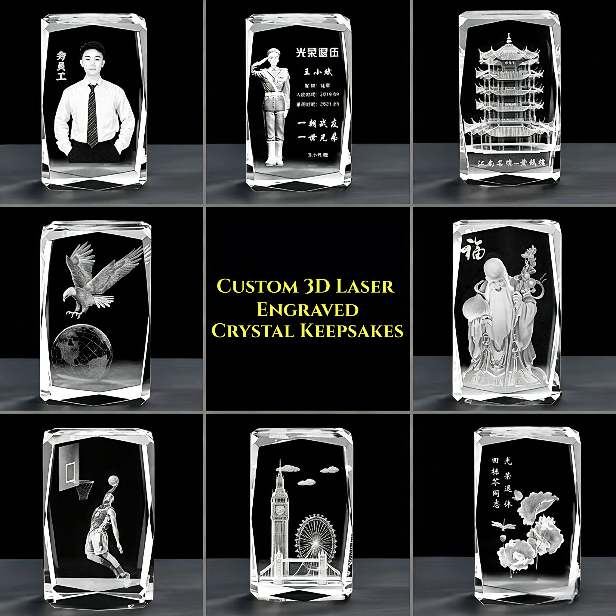 Custom 3D Laser Engraved Crystal Keepsake, Personalized Photo/Portrait/Landmark Crystal Gift for Retirement, Anniversary & Memorial